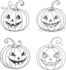 Halloween Jack-o'-Lantern vector Set with Transparent Background Featuring 4 Expressive Pumpkin Faces for Spooky Design Assets