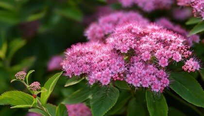 Fototapeta premium a vibrant cluster of small delicate pink purple flowers of spiraea japonica japanese spirea blossoms amidst lush green foliage