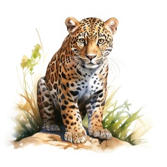 Fototapeta premium A young leopard sits on a rock surrounded by green grass and plants, its spotted coat and alert expression visible.