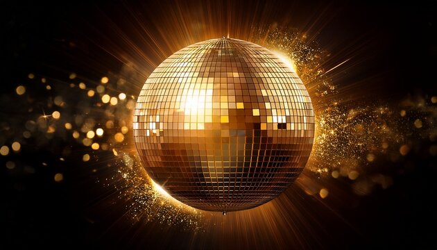 shimmering gold disco ball with black background and sparkling effects