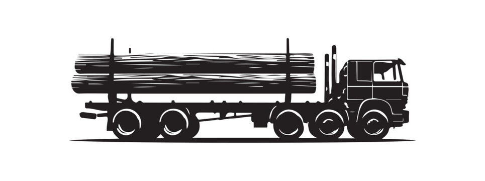 Black and White Silhouette of a Logging Truck Carrying Lumber