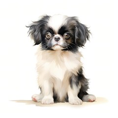 The illustration shows a small, fluffy dog with black and white fur sitting attentively, its large, dark eyes fixed on the viewer.