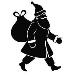 Black silhouette of Santa Claus walking with a gift bag
