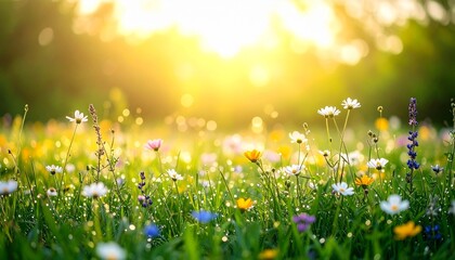 Fototapeta premium Colorful Wildflowers Blooming in Sunny Meadow
