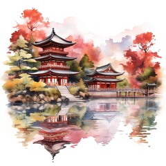 Fototapeta premium The illustration shows two red pagodas reflected in a still body of water, with autumn-colored trees in the background.