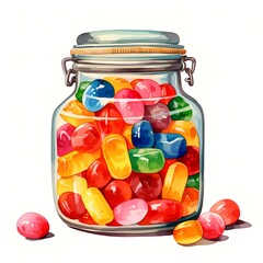 The illustration shows a glass jar with a metal clasp filled with many colorful candies, and a few candies are outside of the jar