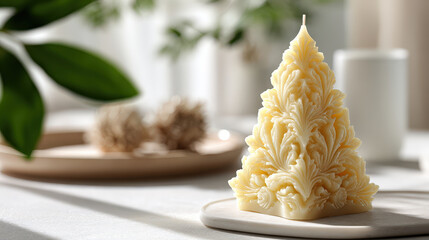 festive atmosphere celebrating new year  with elegant aromatic candle shaped like christmas tree on clean
