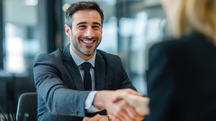two business people shaking hands while sitting in meeting room middle eastern businessman shake hands to businesswoman portrait of happy smiling latin man signing off deal with an handshake no logos