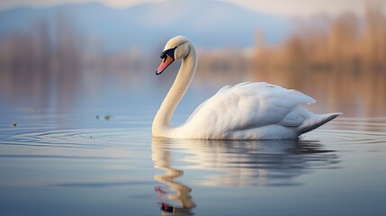 Elegant swan on calm lake, smooth glide, symmetrical reflection, meditative ambience.