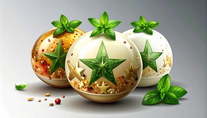 Artistic Composition of Star-Adorned Spheres with Fresh Basil on a Monochromatic Backdrop