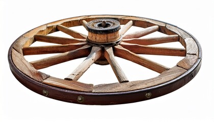 vintage wooden cart wheel isolated on white background