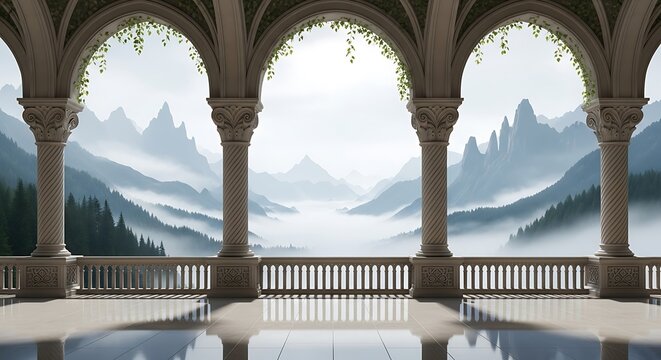 Vectore illustration of majestic ancient balcony overlooking misty mountains and lush green forest, fantasy landscape