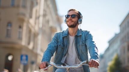 lifestyle transport and people concept  young man with headphones riding bicycle on city street no logos no brands ar 169