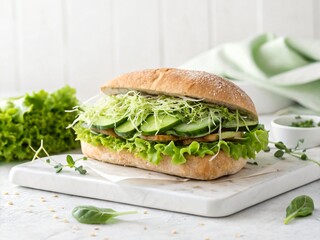 Vegetarian sandwich with cucumber lettuce sprouts and whole wheat bread