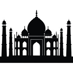Black silhouette of Taj Mahal monument with minarets and dome