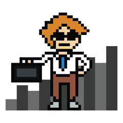 Obraz premium Cartoon pixel art cute 8 bit character business man businessman smart work game decoration business 8 bit male career smart present character game 8bit png vector.