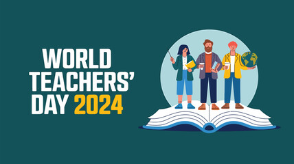 Vector art of world teachers day 2024 graphic featuring diverse educators standing on an open book, representing the impact of teaching