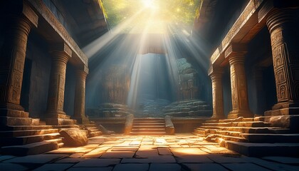 sunbeams illuminate the interior of an ancient temple casting ethereal light on the stone