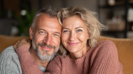 portrait of middle aged couple hugging and looking at camera close up face of happy mature couple having fun at home senior man embracing his beautiful wife on the couch no logos no brands ar 169