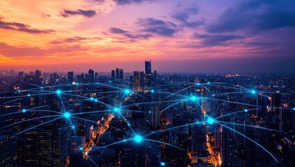 Fototapeta premium City skyline at sunset, connected by digital network (1)