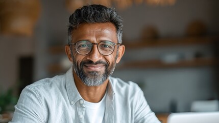 Obraz premium smiling mature indian man wearing spectacles and looking at camera middle eastern confident businessman at office portrait of successful mid entrepreneur feeling satisfied and working from home no lo