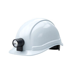 White mining hard hat with a headlamp isolated on transparent background