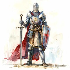 A watercolor painting depicts a knight in full plate armor, holding a large sword and a shield emblazoned with a red cross, standing against a light background.