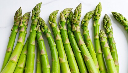 Fototapeta premium Fresh, vibrant asparagus spears arranged closely together on a white surface.