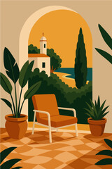 flat illustration poster middle east sand desert palm tree orange window art paint procreate cactus sky tower bench chair sun