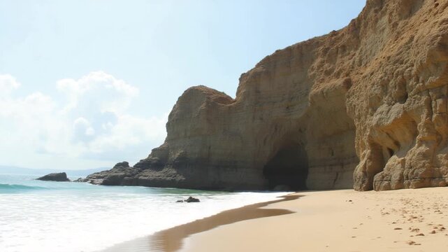 Rock Formation on Sandy Beach Near Cliff