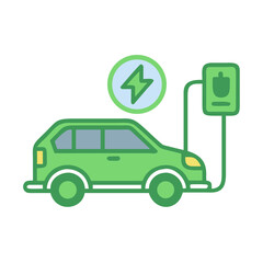 Vector icon of an electric car connected to a charging station with lightning bolt symbol, flat clean design, eco green palette, isolated.