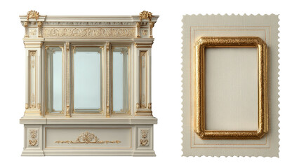 Fototapeta premium Elegant Golden Picture Frame and Display Cabinet on Transparent Background