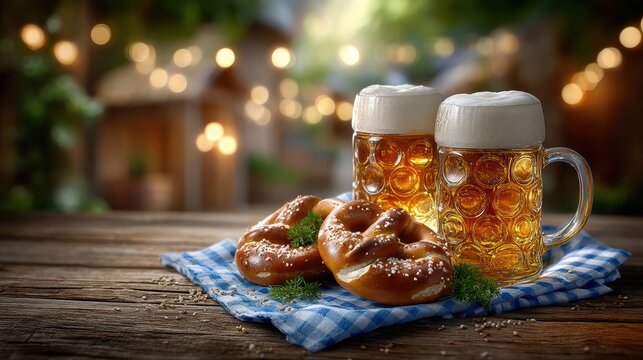 Oktoberfest beer steins and pretzels on rustic table