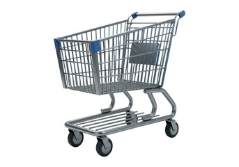 メタリック ショッピング カート 青いアクセント 黒の背景に分離されたシンプルな 3D レンダリング