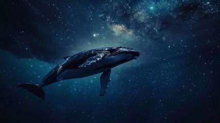 Fototapeta premium big glowing whale swimming in the night sky in Milky Way.