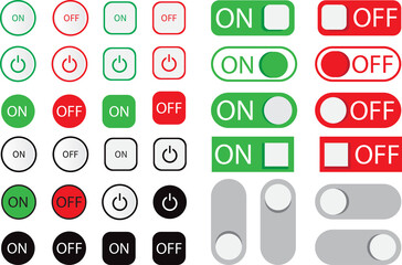 on and off toggle switch button icon set UI/UX design ideal for apps, website, electronics and power related interfaces and vector illustrations