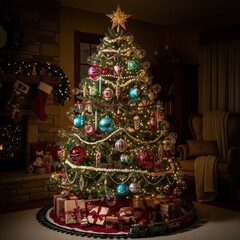 Fototapeta premium A Festive Christmas Scene: Elegantly Decorated Tree in a Cozy Living Room