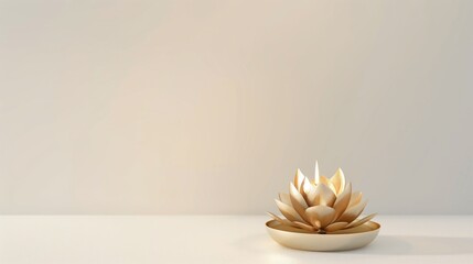 Minimalist composition with single golden lotus flower and soft glowing diya lamp, pure white background, subtle gradient lighting, clean geometric arrangement, Agrasen Jayanti