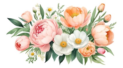 Elegant floral arrangement with peach and white flowers for wedding invitations or spring designs, offering a touch of beauty and sophistication
