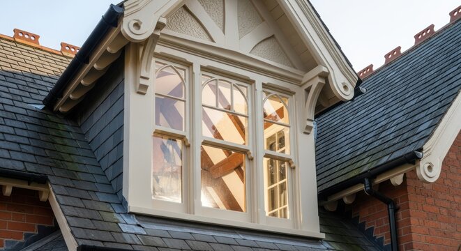 Detailed dormer window with slate roof on an old building facade - Powered by Adobe