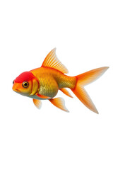 Vibrant goldfish with orange and yellow scales, featuring distinctive red cap, gracefully swims against transparency background, showcasing its