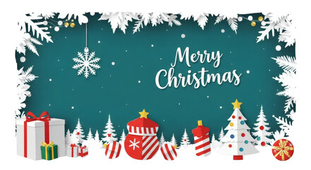 Christmas card with gifts, tree, ornaments, and snowflake design