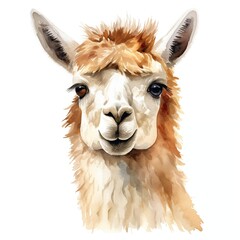 Fototapeta premium This illustration shows an alpaca's head and shoulders, painted in watercolor, on a white background.