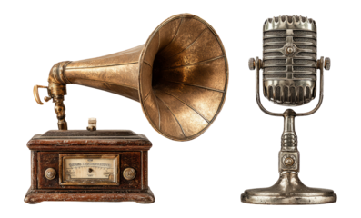 Vintage Gramophone and Classic Microphone on Transparent Background