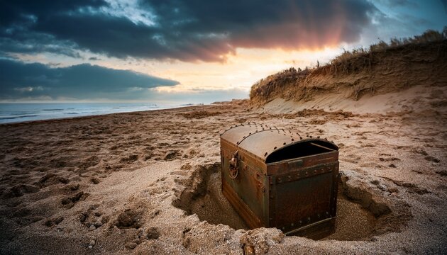 a weathered metal box partially unearthed tells stories of mystery and hidden treasures long buried beneath the surface