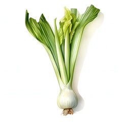 A single bulb onion with long, slender green stalks is shown against a white background; the image is digitally enhanced for clarity.