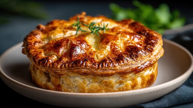 Golden Crust of Comfort Food a Savory Pie Topped With a Sprig of Fresh Herb