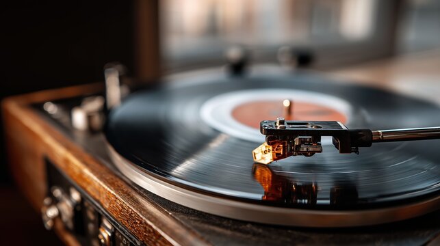 Platine vinyle vintage avec bras de lecture pose sur un disque noir