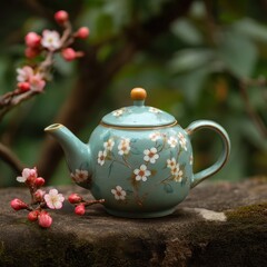 Floral teapot, spring garden, stone surface, tea ceremony