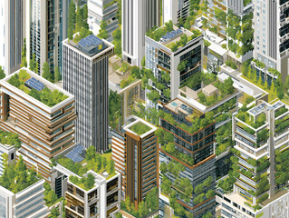 Obraz premium Numerous skyscrapers feature lush green rooftops resembling tiered gardens, with some buildings also equipped with solar panels.